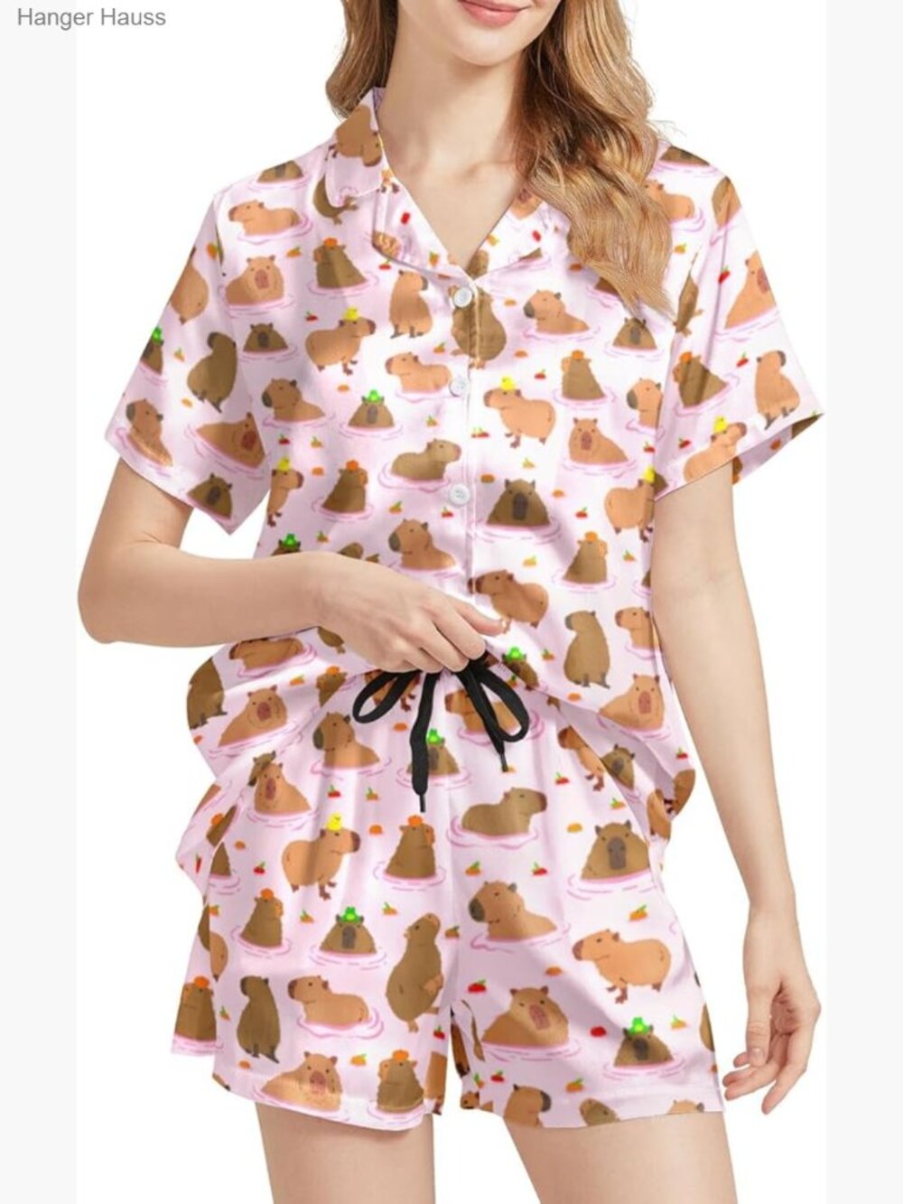 Satin Pajama Set Short Sleeve Button Down Top and Shorts 2 Piece Sleepwear